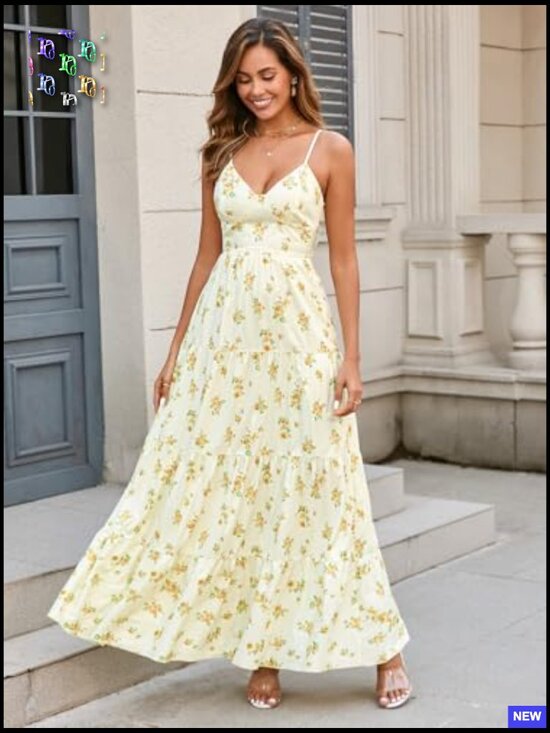 Floral Maxi Sundress Boho V Neck Spaghetti Strap Backless Bow Tie Beach Dress - Picture 6 of 7